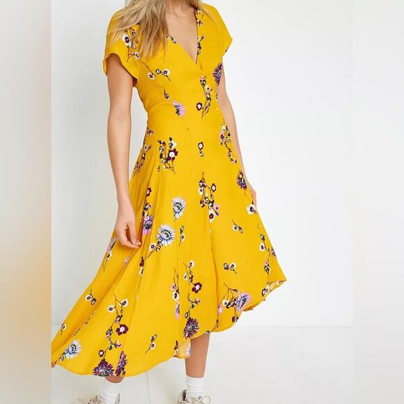 Free People Lost In You Yellow Floral Midi Dress Button Down Women’s Small - Picture 3 of 12